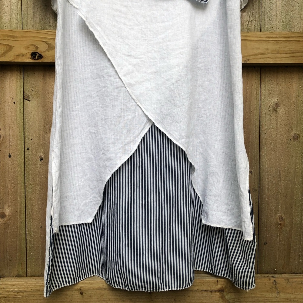 AMO 100% Linen Lagenlook Midi Dress White Navy Stripes Layered Italy with Scarf - Picture 2 of 14